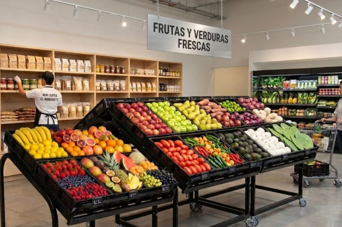 Exhibidor de frutas y verduras organizado por contraste de color y categorías en un minisuper moderno.