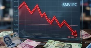 Tablero electrónico con indicadores financieros de la Bolsa Mexicana de Valores (BMV).