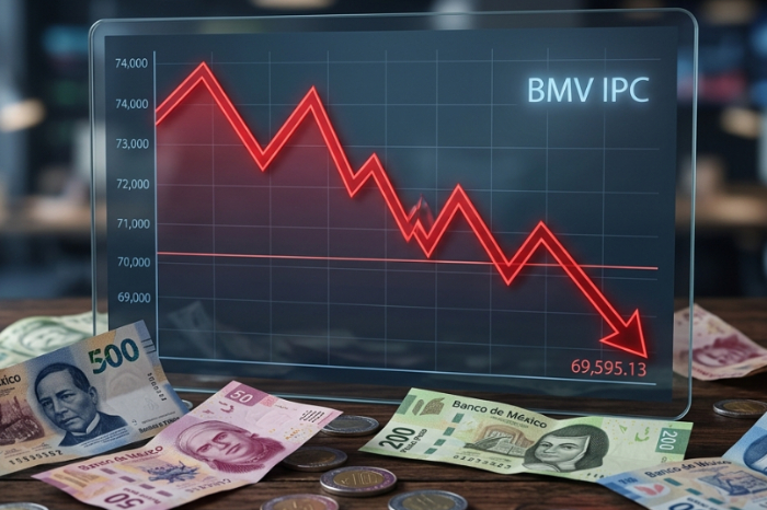 Tablero electrónico con indicadores financieros de la Bolsa Mexicana de Valores (BMV).