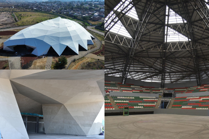 Vista aérea o exterior del domo rehabilitado del Complejo Deportivo Bicentenario tras las obras de la SCOP en Morelia.