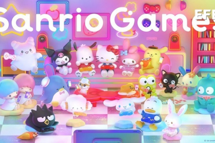 Logotipo de Sanrio Games con personajes de Hello Kitty sobre fondo tecnológico.