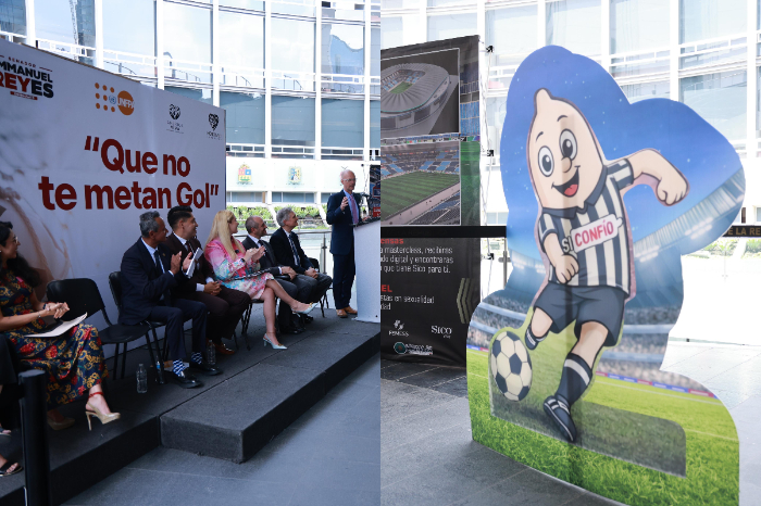 Jóvenes participando en dinámica digital de educación sexual sobre fondo de estadio de fútbol.
