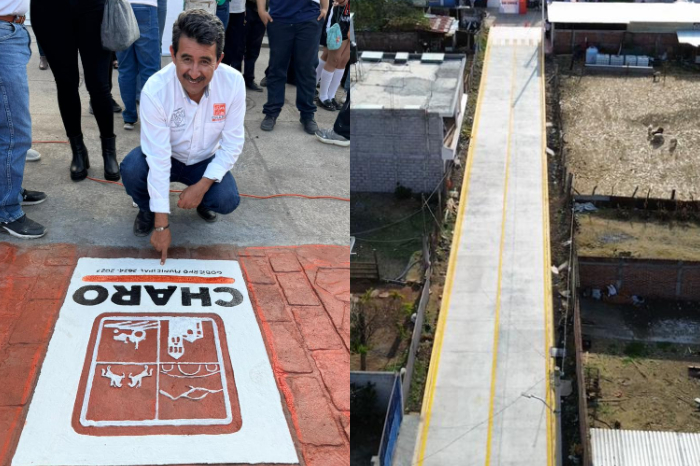 Calle pavimentada con concreto hidráulico y guarniciones pintadas en la tenencia de Zurumbeneo municipio de Charo.