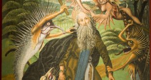 Pintura de Martín Bernat representando a San Antonio Abad atacado por demonios influenciada por Schongauer
