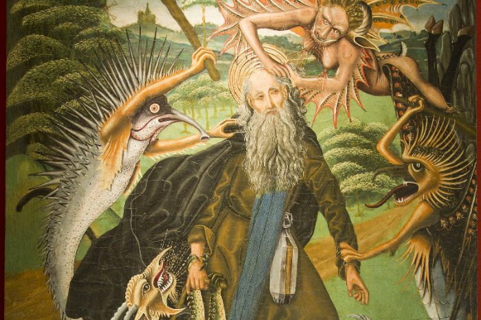 Pintura de Martín Bernat representando a San Antonio Abad atacado por demonios influenciada por Schongauer