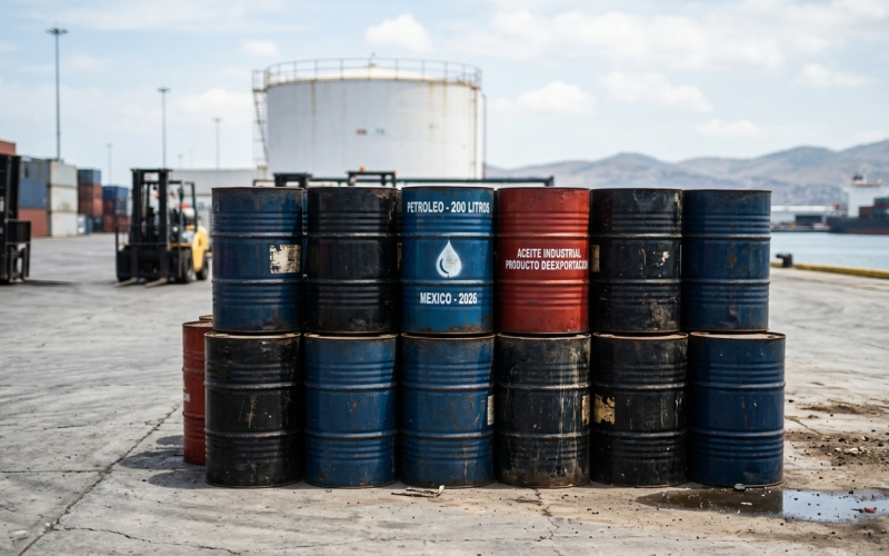 Barriles de petróleo apilados en un puerto industrial con tanques de almacenamiento al fondo.