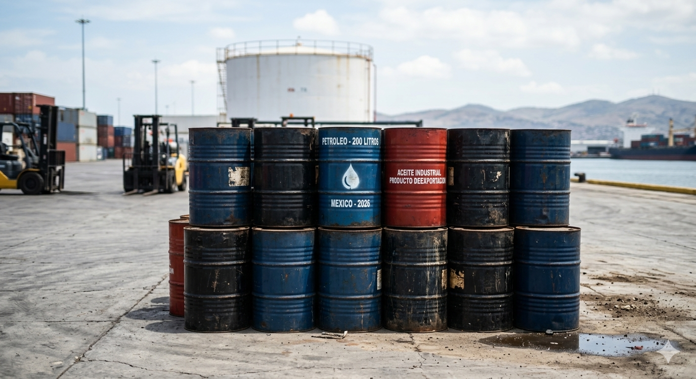 Barriles de petróleo apilados en un puerto industrial con tanques de almacenamiento al fondo.