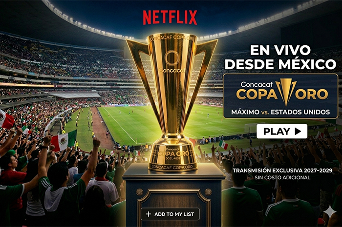Interfaz de Netflix mostrando anuncio de transmisión de la Copa Oro Concacaf en México.