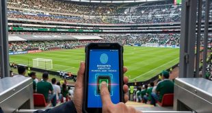 Pantalla de control biométrico de rostro y huellas para el acceso a estadios durante el Mundial 2026.