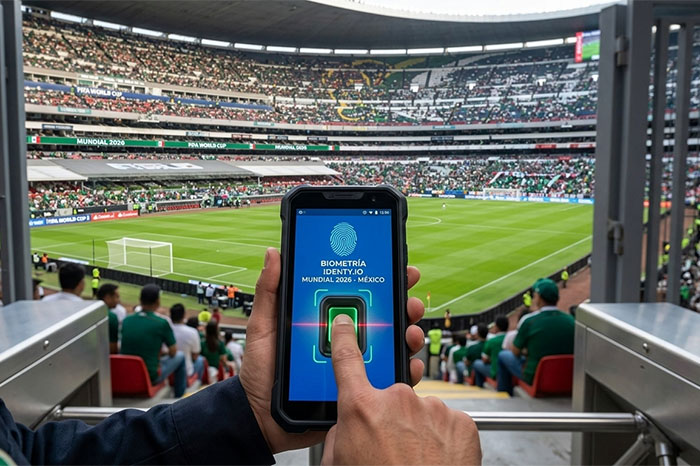 Pantalla de control biométrico de rostro y huellas para el acceso a estadios durante el Mundial 2026.
