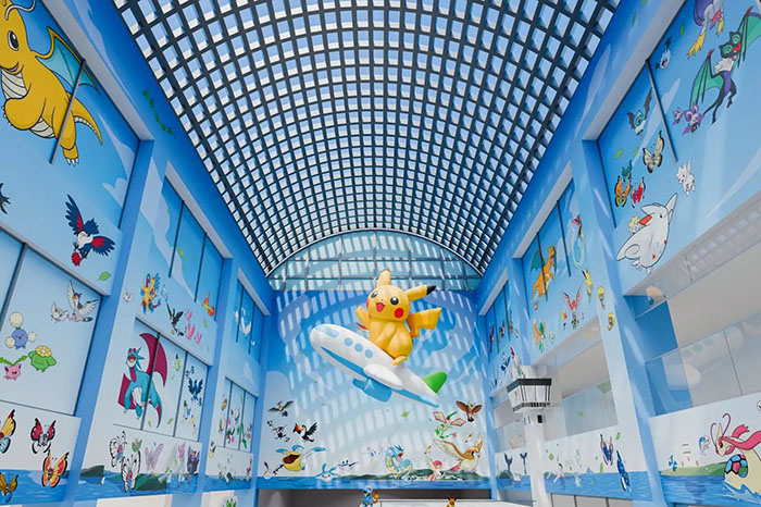 Decoración de Pikachu y globos temáticos en el primer aeropuerto de Pokémon en la península de Noto.