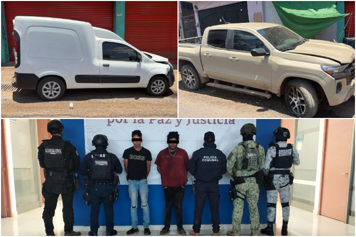 Elementos del Ejército Mexicano y la Guardia Nacional resguardando armamento y vehículos asegurados en Michoacán.