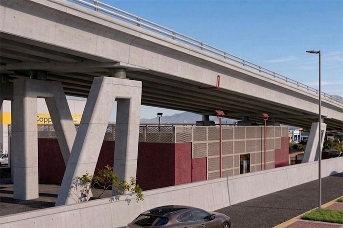 Render del proyecto de espacio público bajo el puente del Paso Independencia con cancha de pádel y áreas verdes en Morelia.
