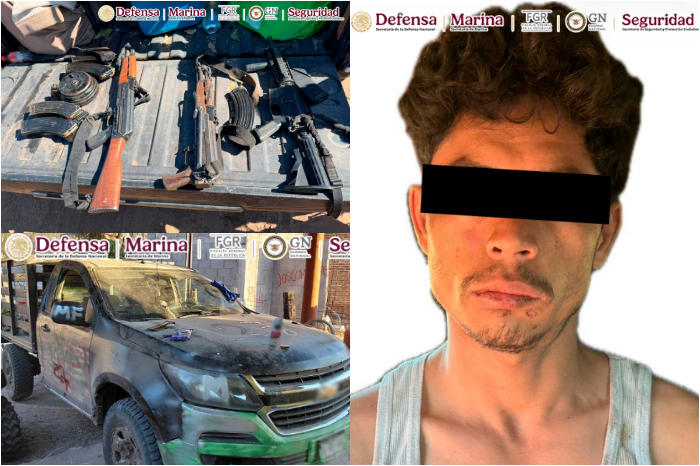 Armas largas, cargadores y granada asegurados por la SSPC en Culiacán, Sinaloa.