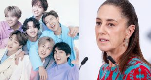 Integrantes de BTS en Palacio Nacional México junto a Claudia Sheinbaum.