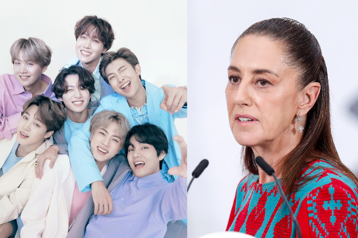 Integrantes de BTS en Palacio Nacional México junto a Claudia Sheinbaum.