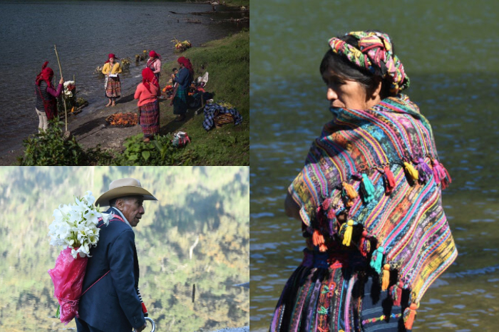 Ceremonia maya mam con ofrendas de flores en la Laguna de Chicabal