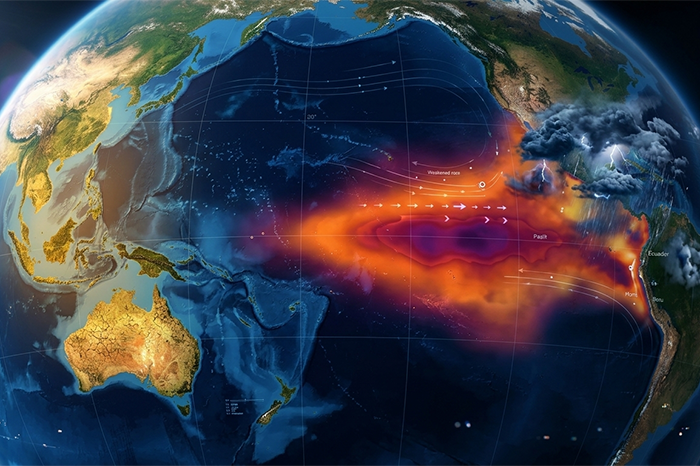 Mapa meteorológico que muestra el calentamiento anómalo de las aguas en el Pacífico ecuatorial durante el fenómeno de El Niño.