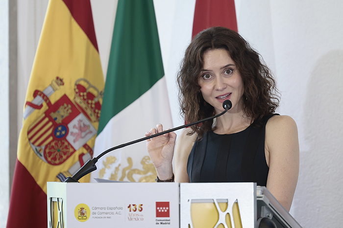 La presidenta de la Comunidad de Madrid, Isabel Díaz Ayuso, durante su discurso en la Cámara Española de Comercio en Ciudad de México.