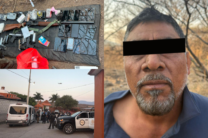 Elementos de la Guardia Nacional y la SSPC resguardan armamento y equipos telefónicos asegurados durante el operativo en Yautepec.