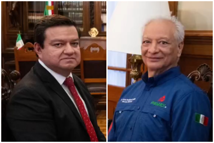 Juan Carlos Carpio y Víctor Rodríguez durante el anuncio del relevo en Pemex.