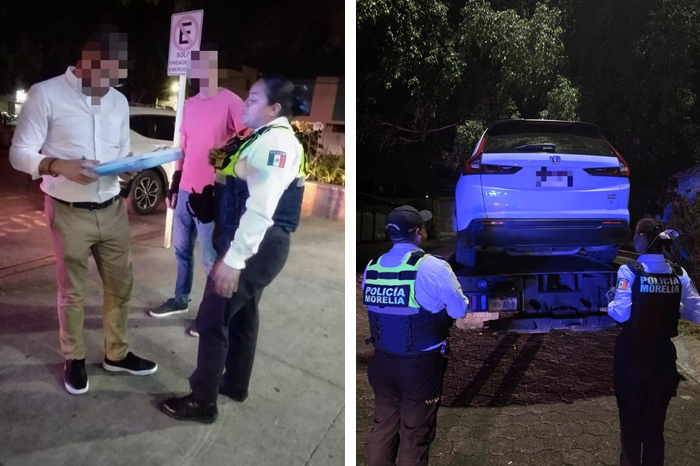 Agentes de la Policía Morelia entregando camioneta Honda CR-V recuperada a su propietario tras robo en Nueva Chapultepec.