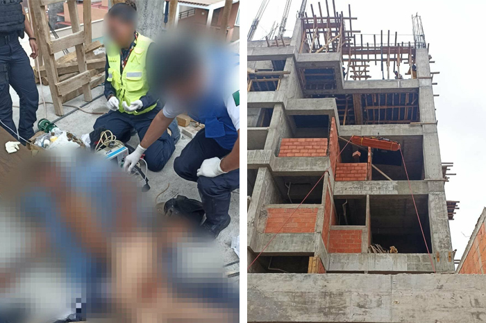 Paramédicos del CRUM y bomberos atendiendo a un albañil lesionado en una obra al sur de Morelia.