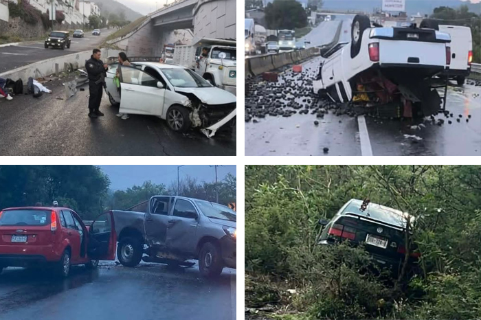 Elementos de Tránsito y Movilidad abanderando un accidente vehicular sobre el Libramiento de Morelia.