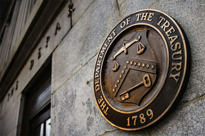 Fachada oficial del edificio del Departamento del Tesoro de Estados Unidos en Washington.