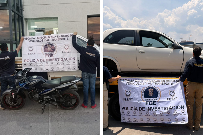 Elementos de la Policía de Investigación de la FGE resguardando un vehículo recuperado con reporte de robo.