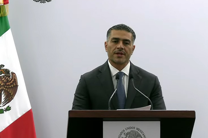 Omar García Harfuch, secretario de Seguridad federal, durante el anuncio de las detenciones de la Operación Enjambre en Morelos.