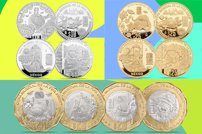 Colección de monedas conmemorativas del Mundial 2026 emitidas por Banxico con íconos de CDMX, Guadalajara y Monterrey.