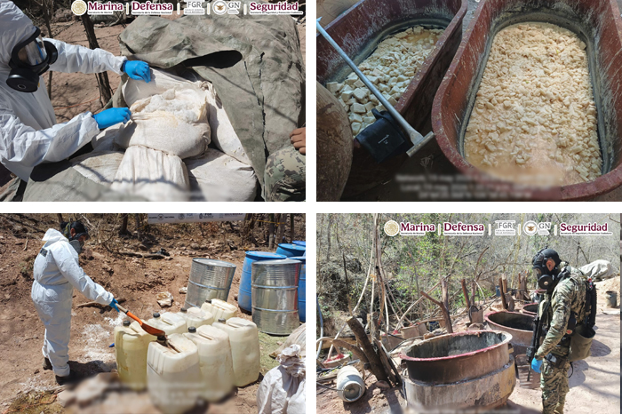 Elementos de la Secretaría de Marina resguardando precursores químicos y herramientas en un laboratorio clandestino en Sinaloa.