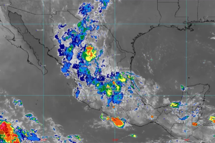 Mapa de pronóstico meteorológico con lluvias en la región de Michoacán.