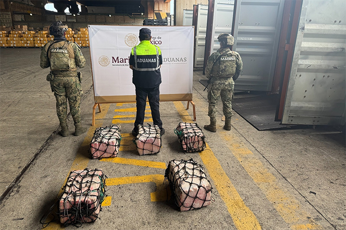 Contenedores inspeccionados por autoridades en el puerto de Lázaro Cárdenas.