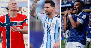 Erling Haaland, Lionel Messi y Kylian Mbappé celebrando goles durante sus partidos en el Mundial 2026.