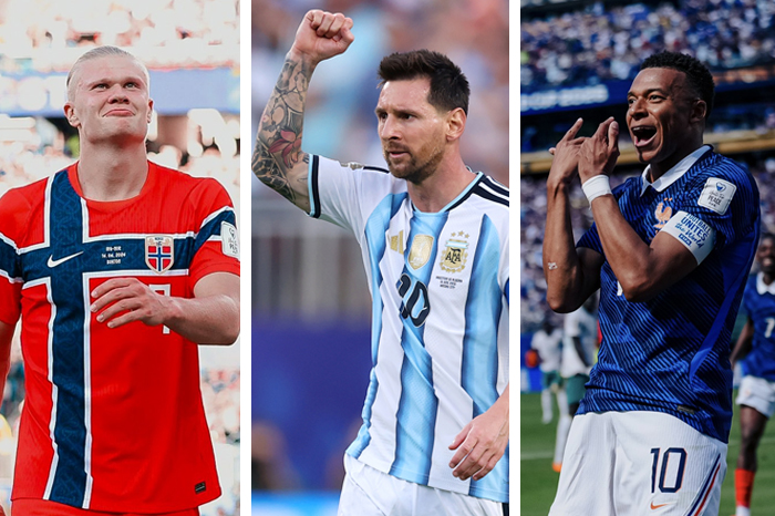 Erling Haaland, Lionel Messi y Kylian Mbappé celebrando goles durante sus partidos en el Mundial 2026.