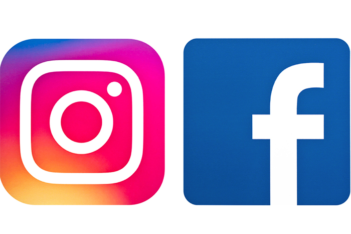 Logotipos de Facebook e Instagram en un dispositivo móvil con error de conexión.