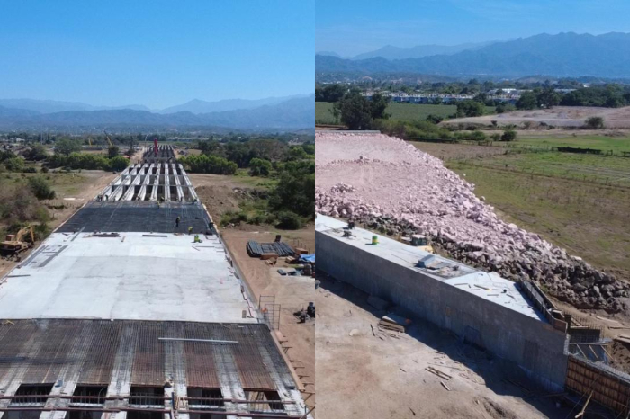 Maquinaria y estructuras de concreto durante la construcción del puente Amado Nervo sobre el Río Ameca.