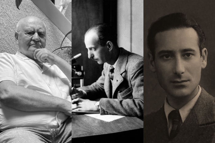 Tres retratos en blanco y negro de intelectuales y científicos del exilio republicano español en la Universidad Michoacana.