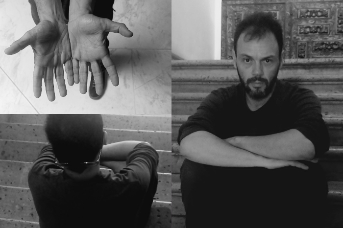 res fotografías en blanco y negro del cineasta mexicano Carlos Armella, mostrando un plano a detalle de sus manos y retratos en unas escaleras.