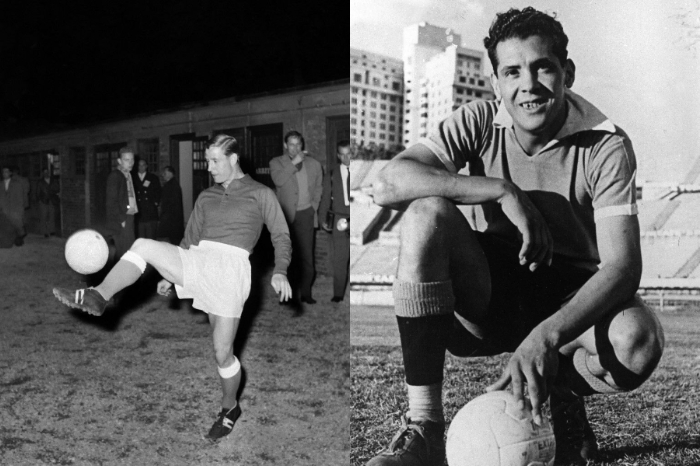 Dos fotografías antiguas en blanco y negro de futbolistas legendarios del siglo XX dominando el balón y posando en la cancha.