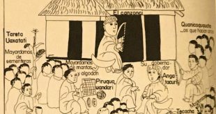 Lámina de la Relación de Michoacán que muestra al cazonci y objetos de madera