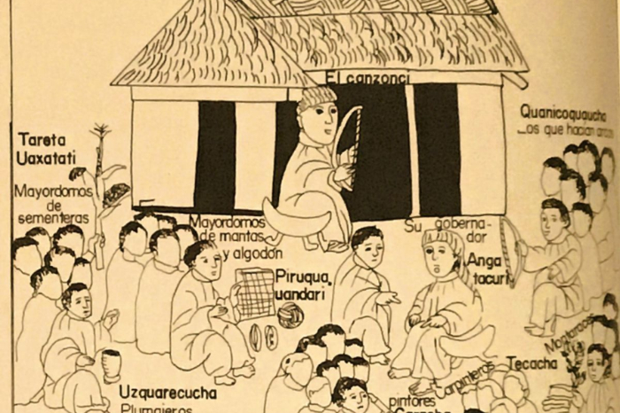 Lámina de la Relación de Michoacán que muestra al cazonci y objetos de madera