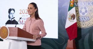 Presidenta Claudia Sheinbaum en conferencia de prensa hablando sobre el tratado comercial TMEC