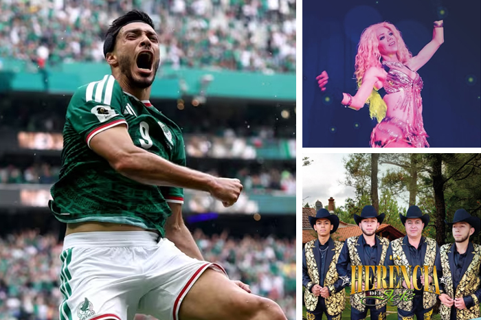 Raúl Jiménez celebrando un gol con la selección mexicana y artistas invitados en el Jalo Futbolero Morelia.