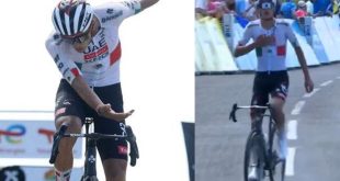 Isaac del Toro cruzando la meta en el Grand Colombier.