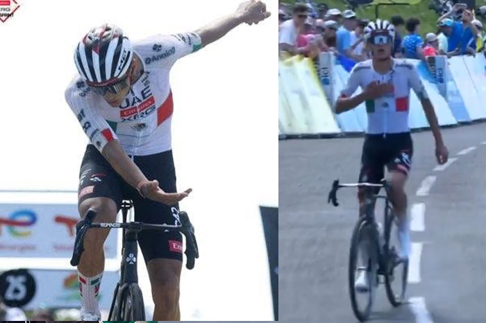 Isaac del Toro cruzando la meta en el Grand Colombier.