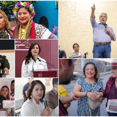 Gráfico electoral con los rostros de los aspirantes de Morena a la gubernatura de Michoacán para el proceso interno de selección.