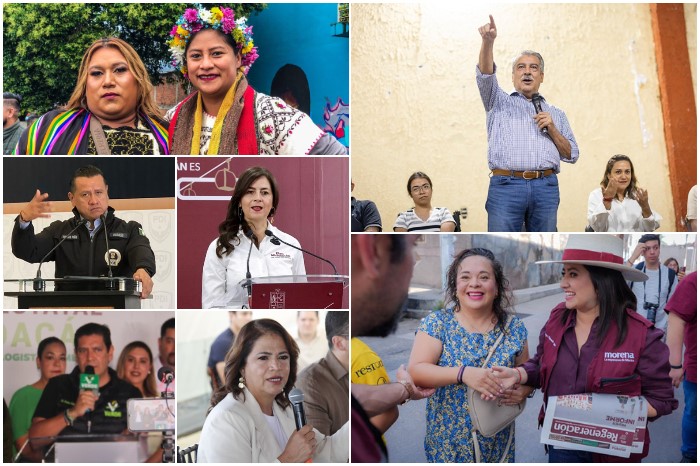 Gráfico electoral con los rostros de los aspirantes de Morena a la gubernatura de Michoacán para el proceso interno de selección.